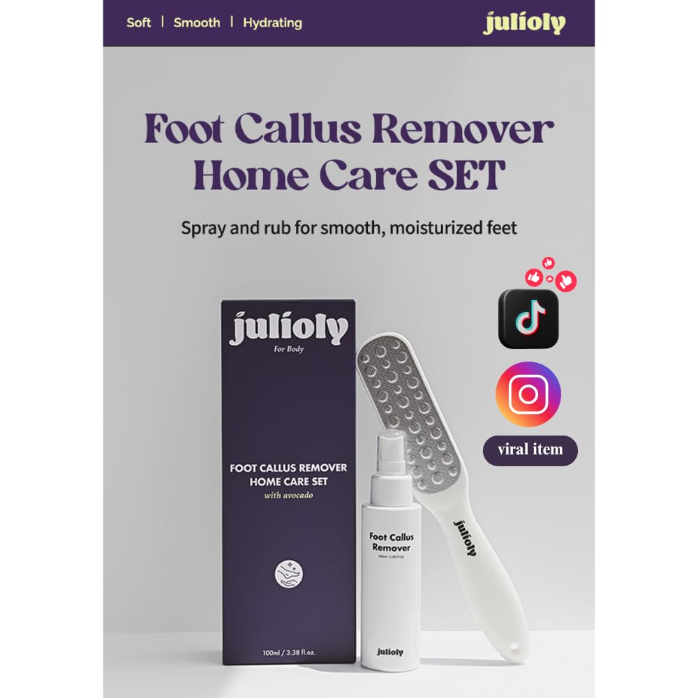 Julioly Foot Callus Remover Home Care Set – Professional Stainless Foot File & Scrubber, Exfoliating Serum for Smooth Skin, Effective on Wet and Dry Feet