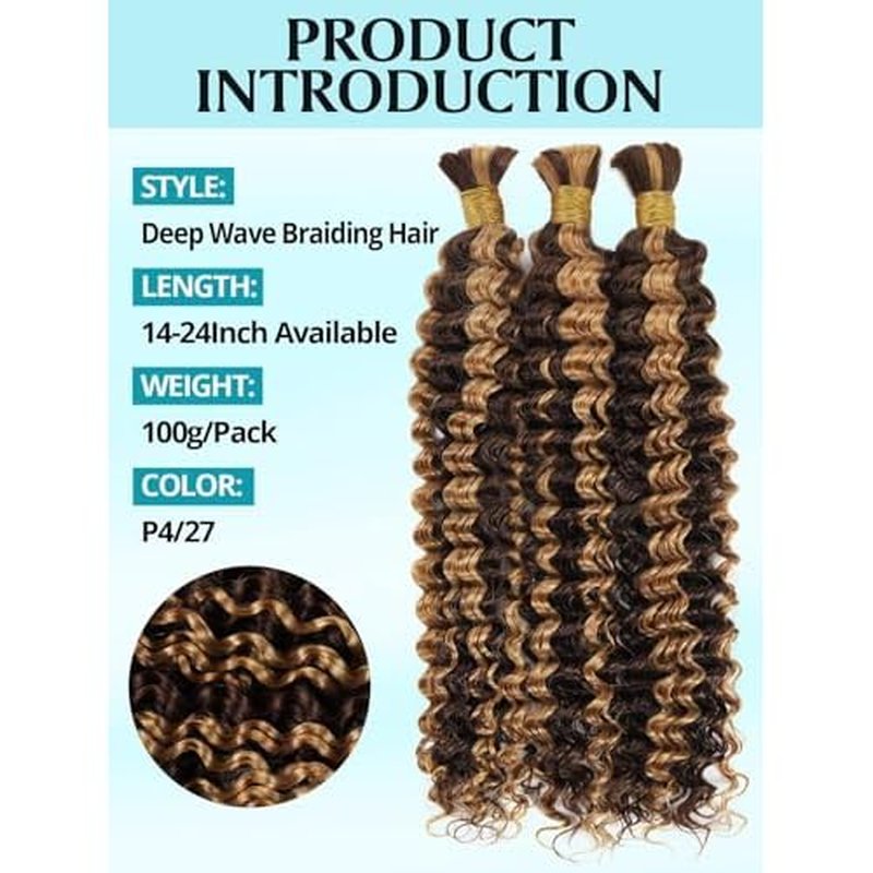 100g 3 Bundles/Pack Ombre Highlight Human Braiding Hair for Boho Braids 20 Inch Curly Boho Hair for Braiding Knotless 12A Deep Wave Bulk Bohemian Color P4/27