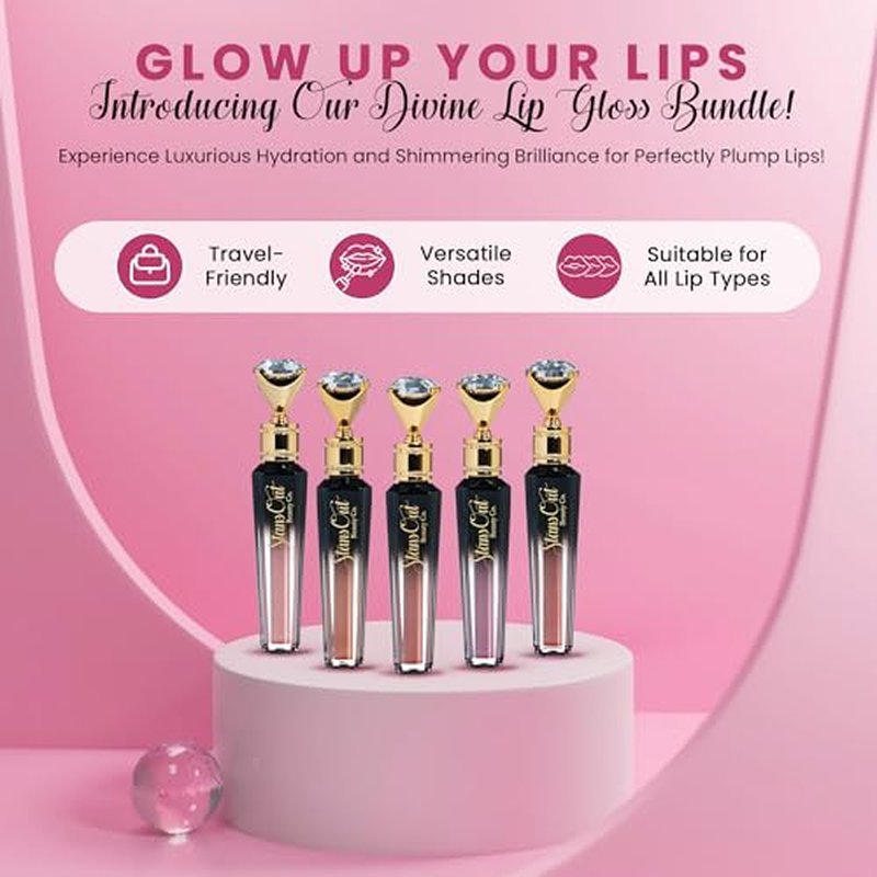 StansOut Diamond Lustre Lip Gloss Bundle - 5 Pack - Fancy Warm, Light, Pink, Sugar, Bare - Vitamin E & Argan Oil Infused - Long-Lasting Lustrous Shine - Hydrating Formula - Portable Elegance