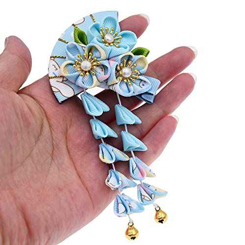 Japanese Style Women Flower Hair Clip Tassel Hair Ornament, Kimono Decor Fabric Hanfu Hairpin Accessories For Christmas Party Costume Gift (Light blue)