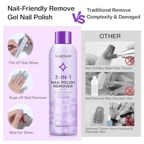 Acetone Nail Polish Remover: Professional Soak off Gel Nail Polish Remover Enriched with Natural Grape Seed Oil 8 Fl Oz for Gel Acrylic Nail Glue Dip Powder for Home Salon
