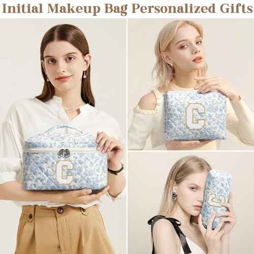 Birthday Gifts for Teen Girls Women, Personalized Initial Makeup Bag Quilted Cosmetic Bag Floral Make Up Bag Travel Toiletry Bag Teen Girl Gifts Trendy Stuff Christmas Gifts for Mom Daughter Friends