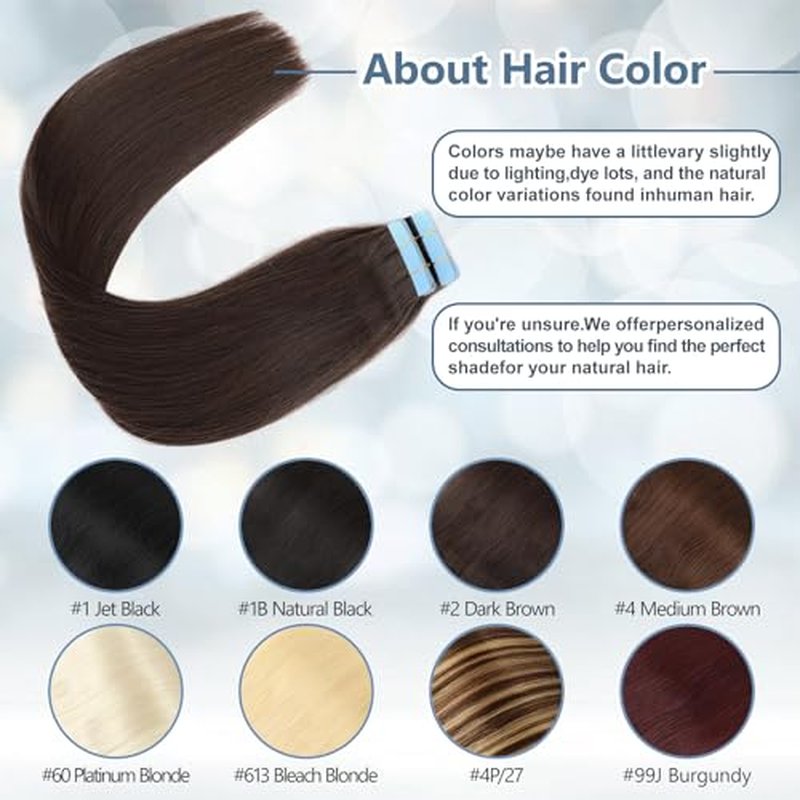 Tape in Hair Extensions Human Hair 100% Remy Hair 20pcs 50g/Pack Straight Seamless Invisible Skin Weft Extensions Easy to Apply and Style (#2 Dark Brown, 20 Inch)