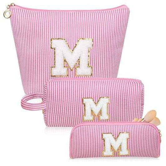 Initials Makeup Bag Set, Personalized Pink Cosmetic Bag, Cute Large Make up Bags, Travel Toiletry Bag for Women Girl Gifts M (Pink)