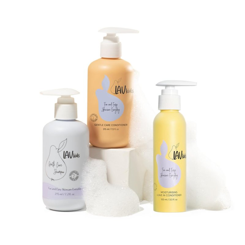 LAV KIDS Natural Hair Care Set, Shampoo and Conditioner Bundle with Scalp Massager, Mesh Storage Bag