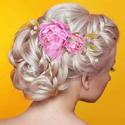 2pcs Silk Flower Hair Clips for Women, 2 in 1 Flower Brooch, Pearl Floral Hair Pins Barrettes for Women Girls Brides Party Wedding Decor Hair Buns Updo Holder Accessories- Pink & Light Pink