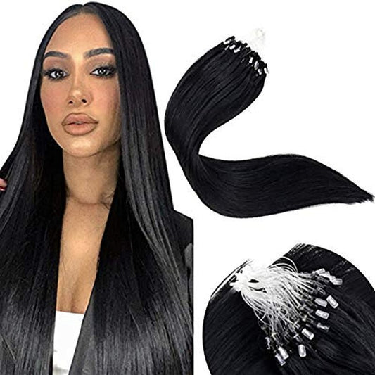 LaaVoo Microlink Hair Extensions Human Hair Black Micro Beads Hair Extensions 20 Inch Jet Black Real Human Hair 50g 50s