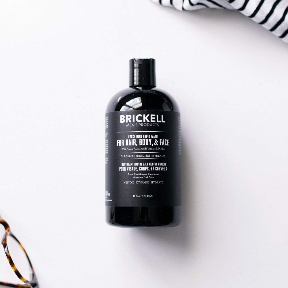 Brickell Men's Rapid Wash, 3 in 1 Body Wash Gel for Men, With Aloe, Vitamin E, and Jojoba Oil, 16 Ounce, Fresh Mint Scent