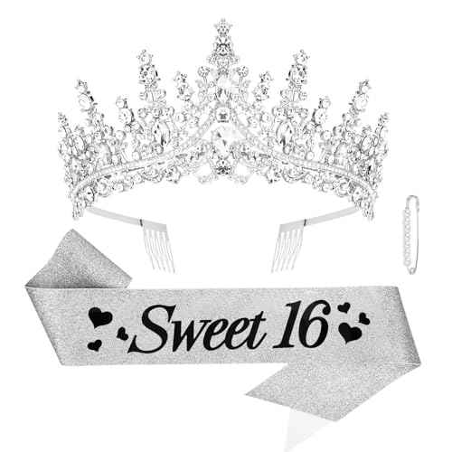 CURASA 16th Birthday Sash and Crown Silver Sweet 16 Sash 16th Birthday Tiara for Women Girls Sweet 16 Decorations Party Supplies