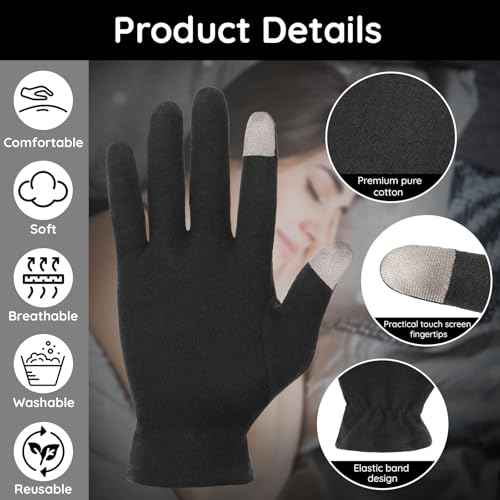 Segbeauty 12 Counts Touchscreen Black Cotton Gloves Black with Elastic Band, 6 Pair Touch Screen Hand Moisturizing Cotton Gloves for Dry Hands Sleeping Overnignt, Reusable Hand Care Spa Moisture Glove