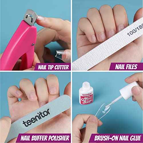 Teenitor Acrylic Fake Nails Kit, Press On Nail Supplies with Clear Coffin Nail Tips Nail Stand Nail Art Brushes Dotting Pen Glitter Sequins Sticker Rhinestones Nail Decorations Press On Nails Kit