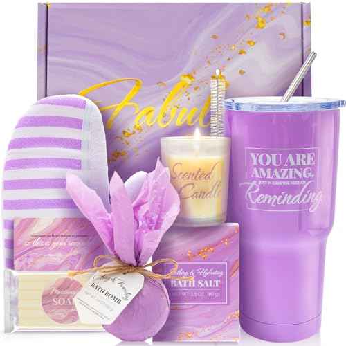 BODY & EARTH Self Care Gifts for Women Get Well Soon Gifts, Purple Birthday Gift Baskets, 8pcs Lavender Bath and Body Sets with 20oz Vacuum Insulated Tumbler Mother's Day Gifts for Mom