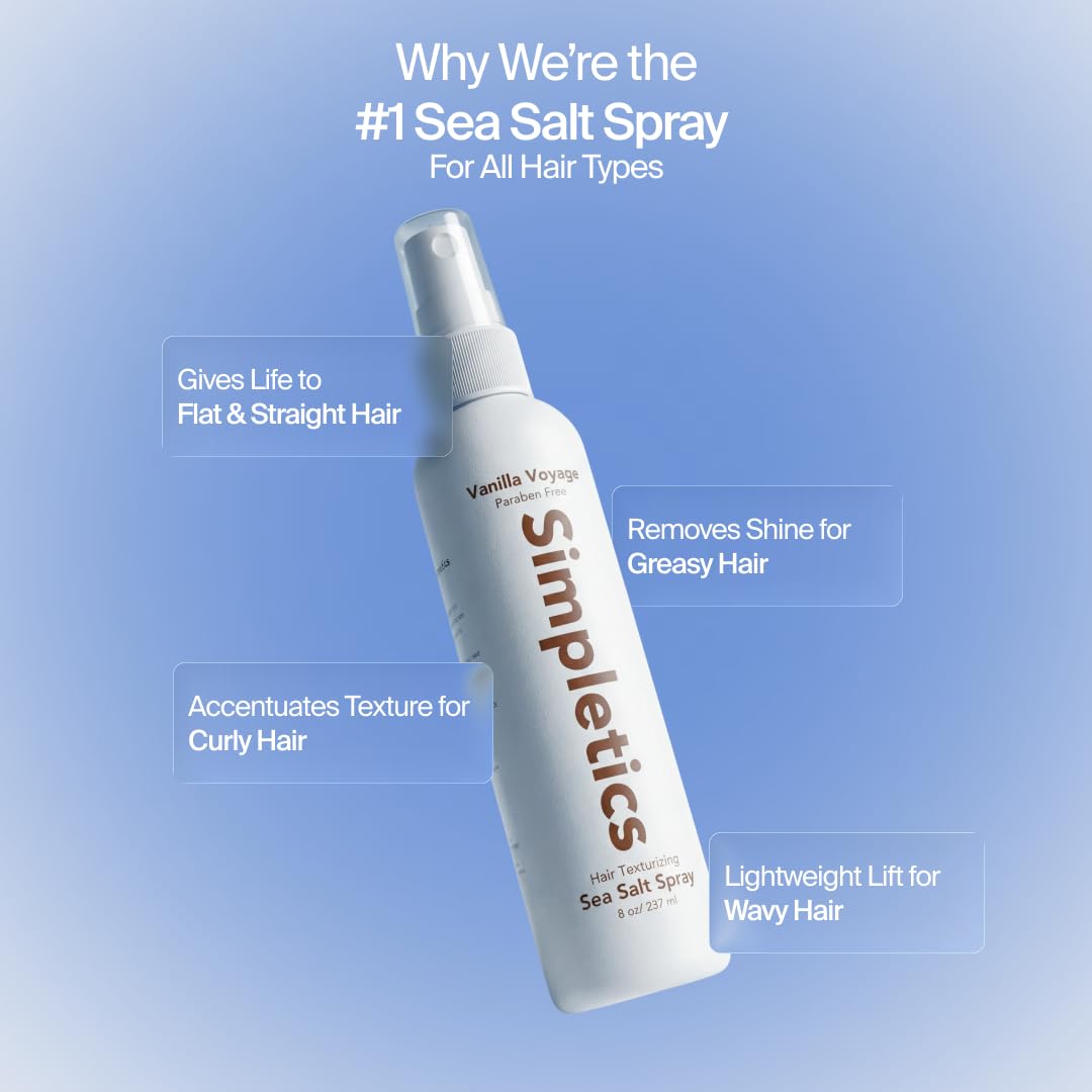 Simpletics Himalayan Sea Salt Hair Spray (Sandalwood Scent) – Natural 5-Ingredient Formula for Beach Waves & Volume – Light Hold, Non-Greasy, Paraben & Sulfate Free – Unisex 8 fl oz