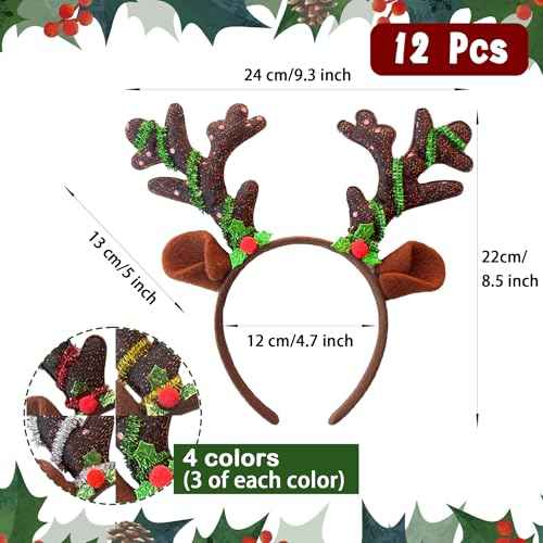 12 Pcs Reindeer Antlers Headband, Glitter Sequins Christmas Ears Headband, Deer Hairbands for Kids & Adults, Perfect for Holiday Photo Booth Props & Party Favors