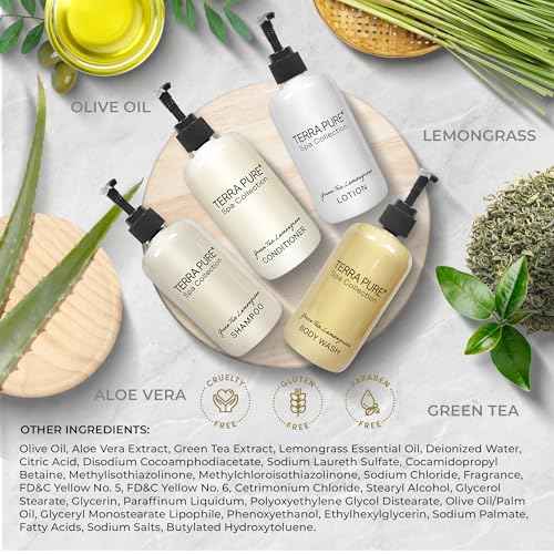 Terra Pure Spa Collection Amenities Set,10.14oz. Pumps (1 of Each) Shampoo, Conditioner, Hand/Body Wash, and Lotion