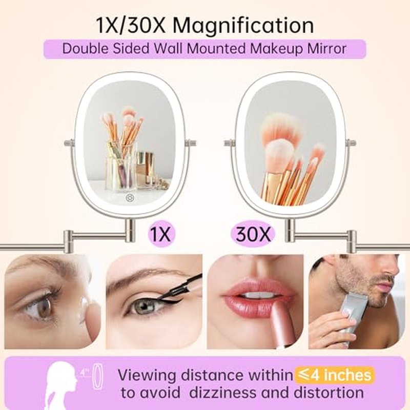 FUNTOUCH 30X/1X Wall Mounted Makeup Mirror,Rechargeable Double Sided Touch Switch Rectangle Oval Wall Mounted Magnifying Mirror with Light, 3 Color Setting,Extended Arm 360¡ÆFoldable, Nickel