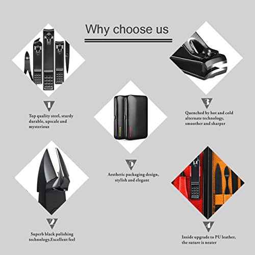 Professional Stainless Steel Nail Clipper Travel & Grooming Kit Nail Tools Manicure & Pedicure Set of 15pcs with Luxurious Case (Black/Yellow)