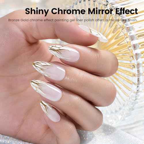RARJSM Metallic Nail Art Gel Liner Bronze Gold Mirror Chrome 3D Effect Gel Nail Polish 8ml Build in Thin Brush Metal Painted Drawing Striper Painting Gelpolish Soak off Curing Requires for Home Salon