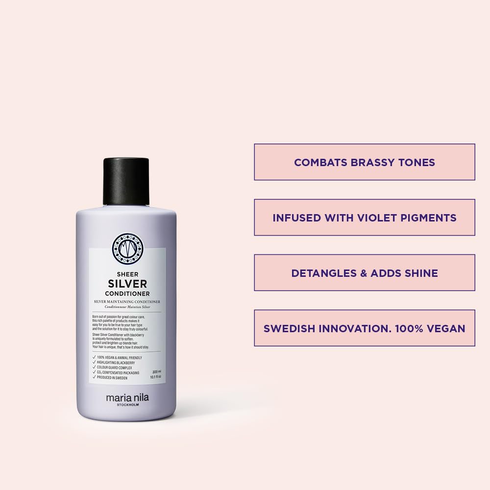 Maria Nila Sheer Silver, Silver/Purple Conditioner, Neutralizes Brassy Yellow/Golden Shades in Blonde, White & Grey Hairs, Violet Pigments Gives Cool Tone, 10.1 Fl Oz