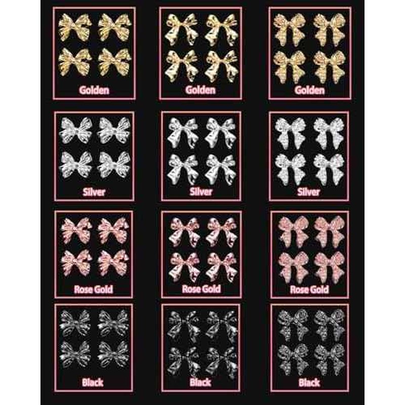 120 Pcs Alloy Bow Nail Charms and Gems, Silver Gold Black Bowknot Metal Nail Art Charms, Shiny Luxury Cute Bow Nail Jewelry for Nails Design Manicure Accessories