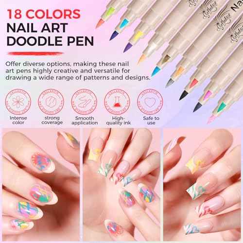 6 Colors Nail Art Pens Set, 3D Nail Polish Pens Quick-Drying Acrylic Paint Markers, Dotting Liner Brush for DIY Nail Design, Home & Salon Manicure Tools