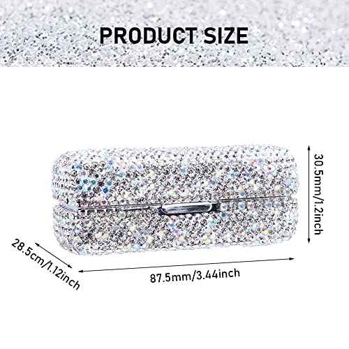 Rhinestone Lipstick Case with Mirror, Bling Crystal Lipstick Case Diamonds Makeup Cosmetic Storage Box Holder for Purse Ladies Fashion (Silver Color)