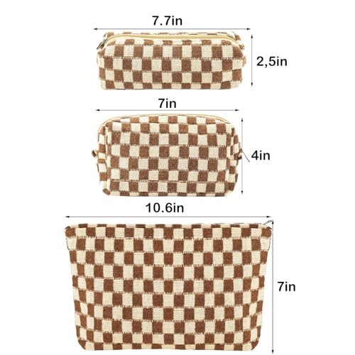 ZLFSRQ 3Pcs Checkered Makeup Bag for Women Large Small Checkered Cosmetic Bag Set Aesthetic Preppy Pencil Case Cute Pencil Pouch Brown Makeup Pouch for Purse Travel Toiletry Bags Zipper Skincare Bags