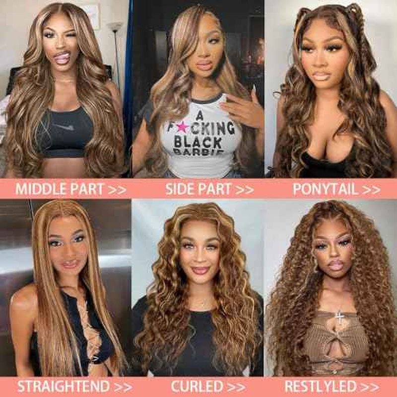 Anderah 13x6 Highlight Ombre Lace Front Wigs Human Hair Honey Blonde Body Wave Lace Front Wigs Human Hair Pre Plucked With Baby Hair 180% Density Body Wave Glueless Human Hair Wigs For Women 30Inch