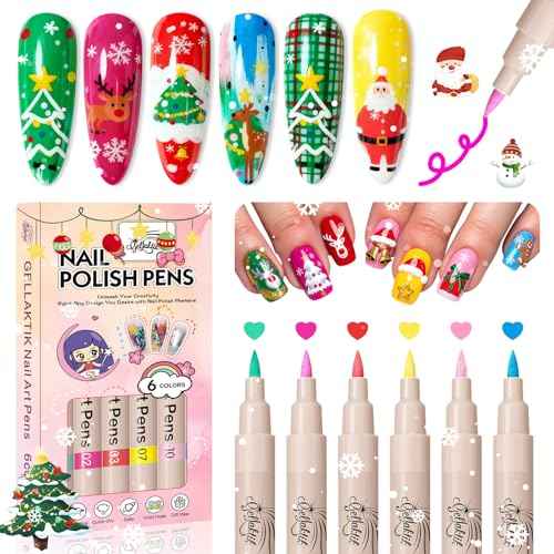 6 Colors Nail Art Pens Set, 3D Nail Polish Pens Quick-Drying Acrylic Paint Markers, Dotting Liner Brush for DIY Nail Design, Home & Salon Manicure Tools