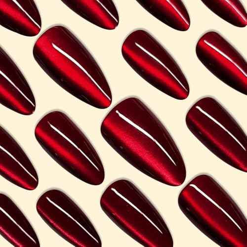 KQueenest Dark Red Press on Nails Cat Eye, Burgundy Glitter Press on Nails Almond Medium, Sparkly Shiny Fake Nails Set, Cute Bling Glue on Nails Medium for Women Christmas, Gothic Design, 30 Pcs