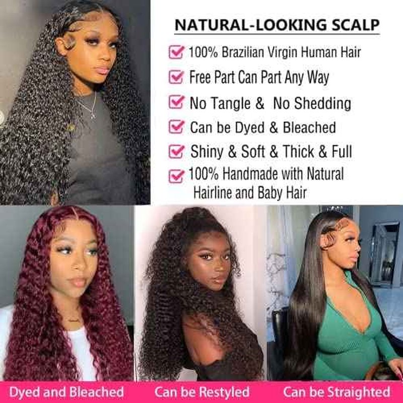 30 Inch Deep Wave Lace Front Wigs Human Hair 180% Density 13x4 HD Transparent Lace Frontal Wigs for Women Curly Glueless Wigs Human Hair Pre Plucked with Baby Hair (30inch,Natural Black)