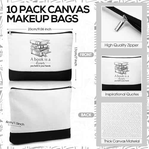 Paterr 20 Pcs Book Lover Gifts for Women Inspirational Canvas Makeup Bag with Zipper and Mini Compact Mirrors Thank You Gift for Book Club Reading Student Teacher Librarian Writer