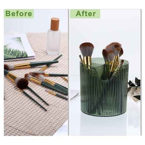 VOCOSTE Makeup Brush Cup, Makeup Organizer, 4 Slot Makeup Brush Holder, Cosmetics Storage Cup, for Vanity for Desktop, for Bathroom Countertops, Clear Green