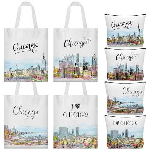 8 Pcs Watercolor Chicago Souvenirs Gifts for Women Girls Include Watercolor Chicago Tote Bag and Cosmetic Bags Reusable City Trip Gift for Travel Lover Birthday Christmas Party Favor