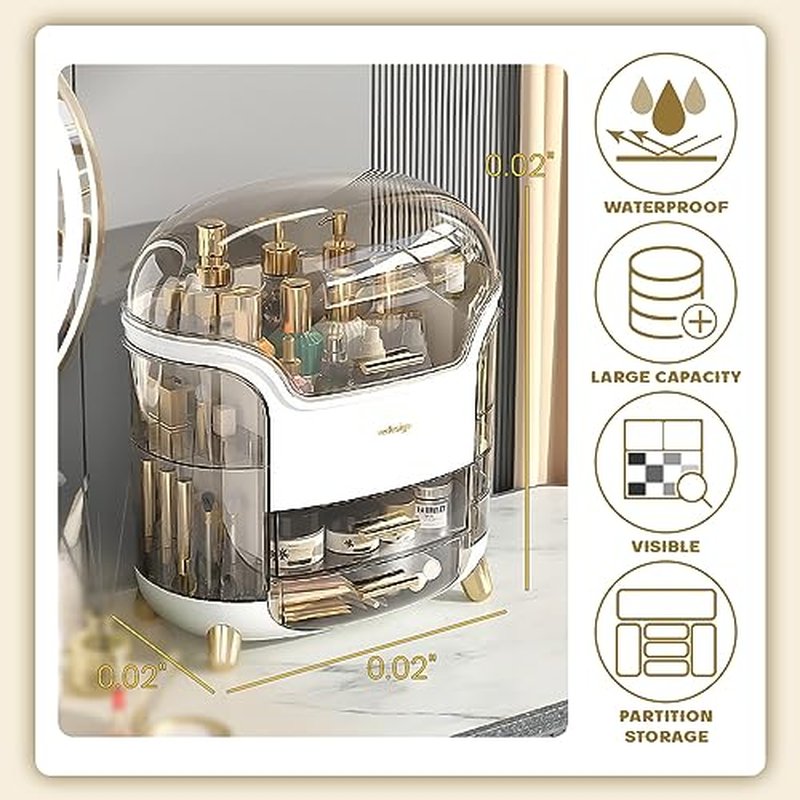 Makeup Organizer, Large Capacity Cosmetic Storage, Skincare Organizer with 2 Storage Drawers, Cosmetics Organizer for Skincare, Lipsticks, Perfume for Bathroom Countertop, Bedroom Dresser (White)