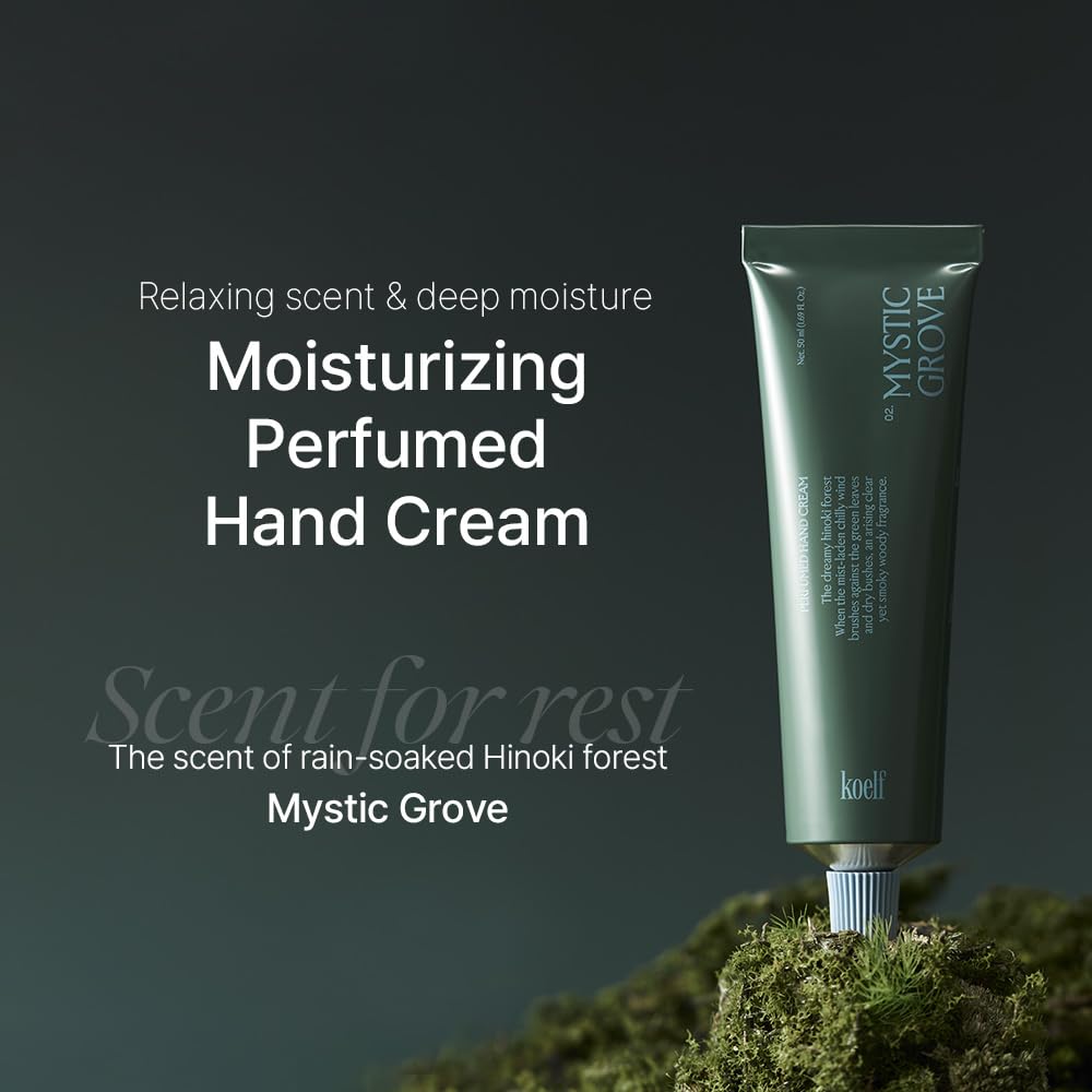 Koelf Perfumed Hand Cream No.2 Mystic Grove 50ml (1.69 fl. oz.) - Hand Moisturizer for Dry Skin with Urea, Lactobacillus Complex, Centella Asiatica, Hinoki Scented Soothing Hand Cream