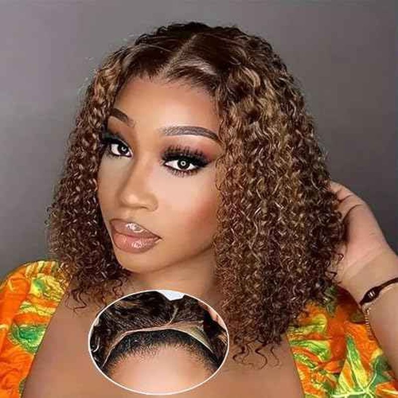 Glueless Wigs Human Hair Pre Plucked Pre Cut 4/27 Highlight Ombre Honey Blonde Curly Bob Wig Human Hair for Beginners 4x4 Deep Wave Lace Closure Glueless Wigs for Black Women 10 Inch