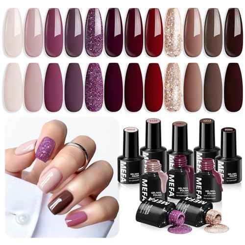 MEFA Fall Gel Nail Polish Set, 12 Colors Burgundy Red Nail Polish Set Champagne Gold Glitter Nail Polish Gel Soak Off Dark Red Purple Shimmer Nude Brown Manicure Gifts for Women Girl DIY Salon Home
