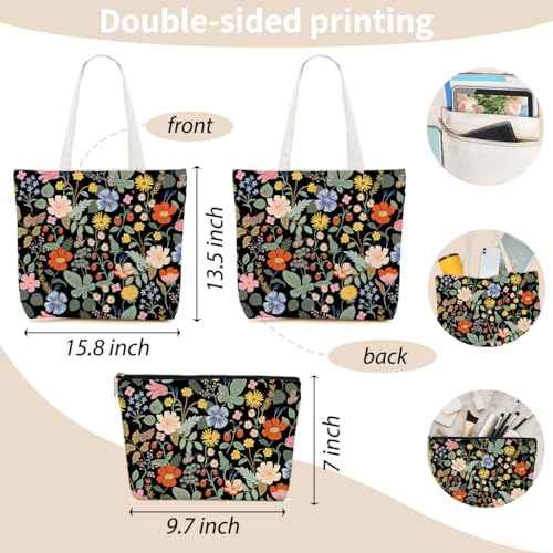 Aesthetic Floral Tote Bag Makeup Bag Flower Decor Gifts for Girls Christmas Shopping Grocery Bags Cosmetic Bags