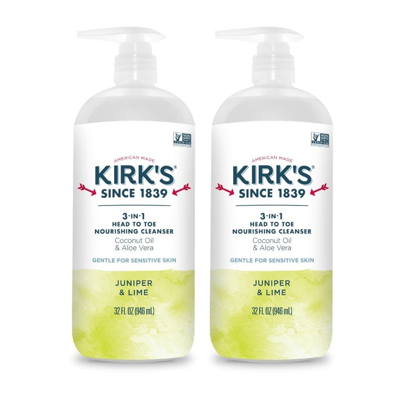 Kirk's Juniper & Lime 3-in-1 Nourishing Cleanser, Shampoo Body Wash Bubble Bath, Coconut Oil and Aloe Vera, Vegan Non-GMO, 32 Fl Oz, Pack of 2