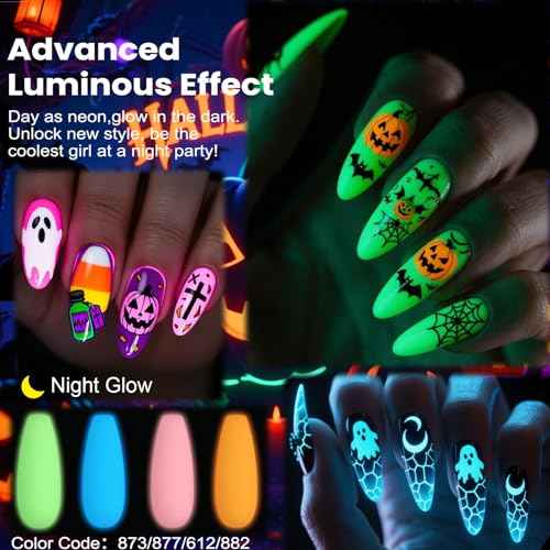 Lavender Violets 49pcs Gel Nail Polish Set 45 Colors Neon Glow in the Dark Effect with Nail Primer Builder Base Coat Glossy & Matte Top Coat Jelly Shades for Halloween Nail Art Design A950