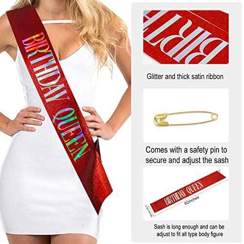 SuPoo Birthday Crown & Sash - Glitter Red Birthday Queen Crown with Comb & Tiara for Women - Crystal Headband Princess Decorations