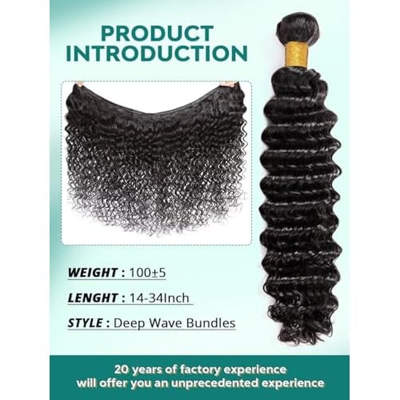 12A Deep Wave Human Hair Bundles 16 Inch Raw Curly Bundles Human Hair 100% Unprocessed 1 Bundles Brazilian Virgin Human Hair Extensions Quick Weave Natural Black Color