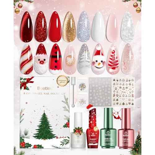 Beetles Merry Glow Christmas Gel Polish Set - 8 Holiday Colors Gel Nail Gift Box with Base&Top Coat, White Red Gold Silver Cat Eye Nude Nail Kit, Uv Led DIY Salon Manicure Kit Beauty Gifts for Women