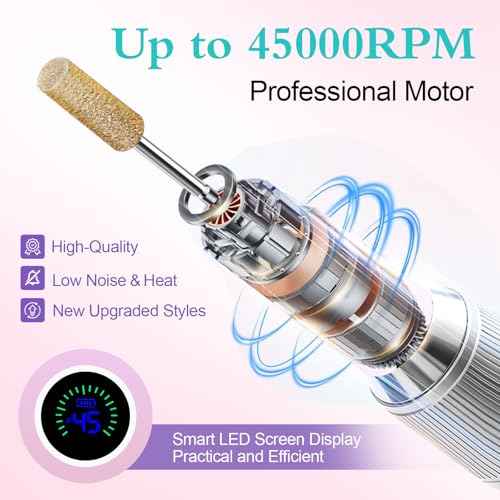 Electric Nail Drill File Professional 45000 RPM, LUELLE Electric Nail File Machine Kit for Acrylic Gel Nails Polishing Removing, Portable Rechargeable Cordless E File with Gold Bits Kit for Salon Home