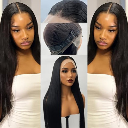 13x6 Synthetic Lace Front Wig, 30in Frontal Lace Wig for Women with Elastic band, Straight Hair Heat-Resistant HD Lace Wig with Natural Density for Daliy Used, Glueless Lace Wig for Black Women