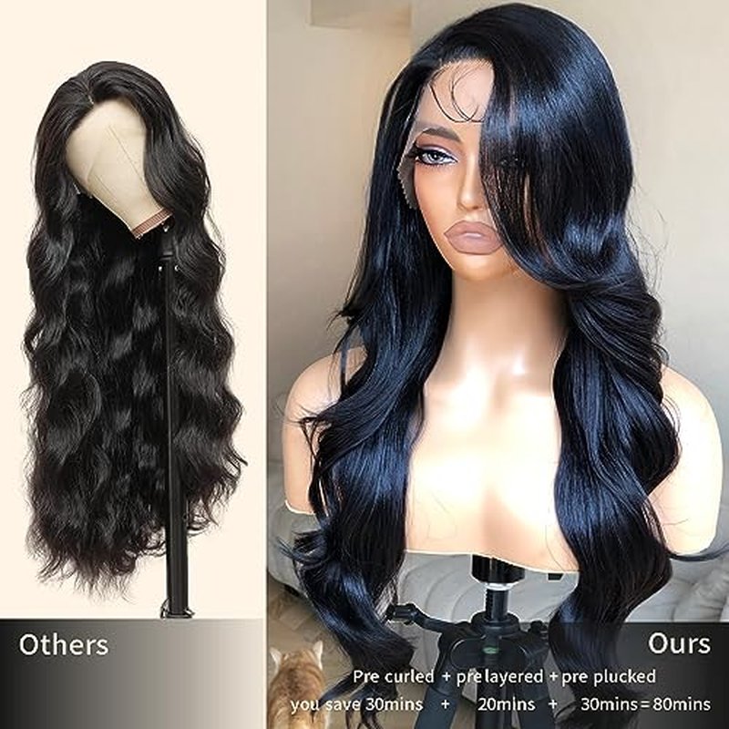 Bombshell Body Wave Wig, Synthetic Lace Front Wig Pre Plucked Glueless Ready to Wear, 13X5X1 Side Part HD Lace Wigs for Women 24inch, 1B Jet Black Wig Human Hair Luster