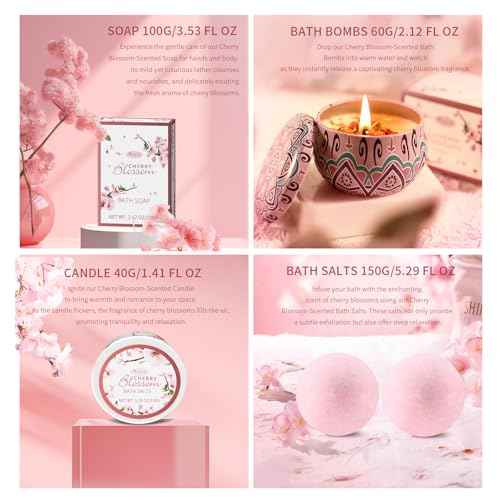 Bath and Body Gift Set for Women & Girls - Japanese Cherry Blossom 7-Piece Luxurious Home Spa Gift Set with Shower Gel, Body Lotion, Bath Oil, Bath Salts, Soap, Bath Bombs, and Candle
