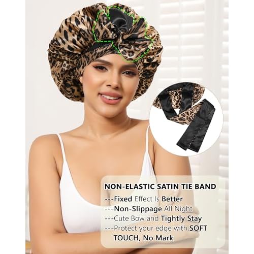 Satin Bonnet Silk Hair Wrap for Sleeping - Reversible Night Cap with Tie Band (Leopard + Black)