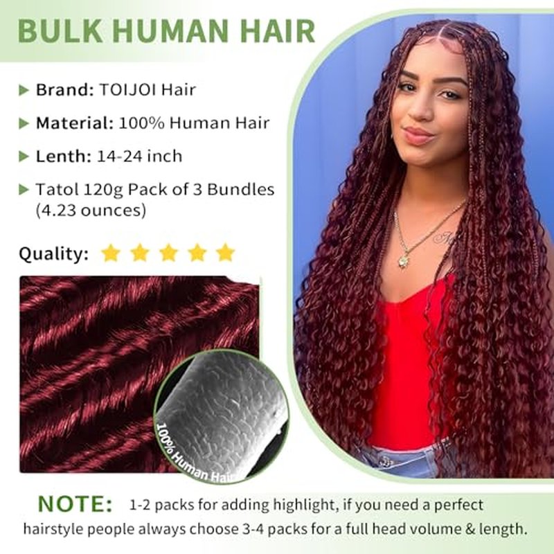 Human Braiding Hair for Boho Braids 120g 12A Deep Water Wave Bulk Human Hair Knotless Boho Braiding Curly 100% Virgin No Weft Extensions Bohemian Braids 3 Bundles/Pack Burgundy 20 Inch